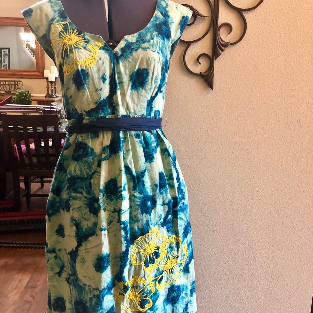 Anthropologie Floreat teal white and yellow sheath
